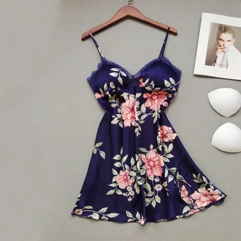 

EFINNY 2019 Spring Women Sexy Silk Satin Night Dress Ladies Sleeveless Lace V-Neck Nightgowns Floral Print Padded Nightwear