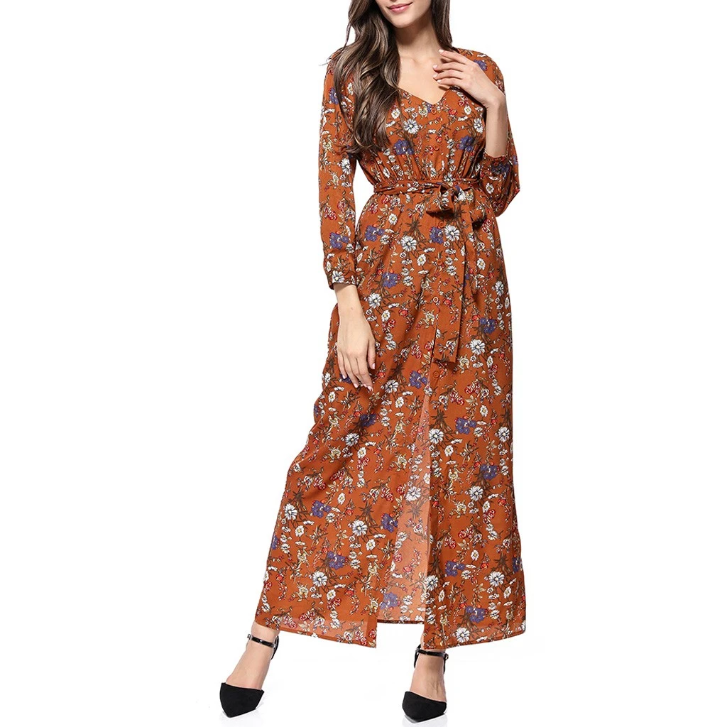 Loose Dresses Long Sleeve Winter Bohemian Beach Women Floral Print  Runway Dress Autumn Party Night Sundress Vestidos 822