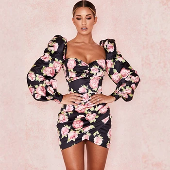 

2019 New Fashion Flowers Print Black Sexy Long Sleeve Autumn Women Dress Sexy Elegant Mini Club Vestido Backless Wholesale
