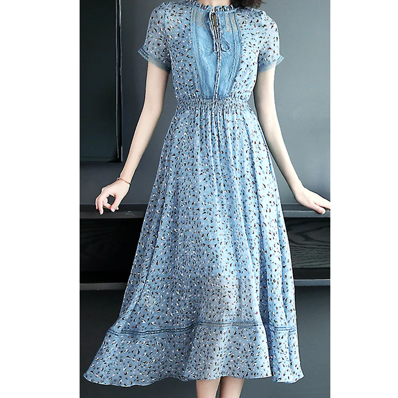 

Kuotaitai Women's Chiffon Dress New Style Summer Wear Fairy CHIC Gentle Short Sleeve Mid-length Floral Dress