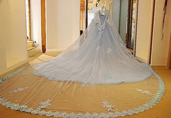 

Dubai Sky Blue Wedding Dresses With Long Cloak Crystal Pearls Puffy Bridal Ball Gowns Robe De Mariee 2020 Appliques Casamento