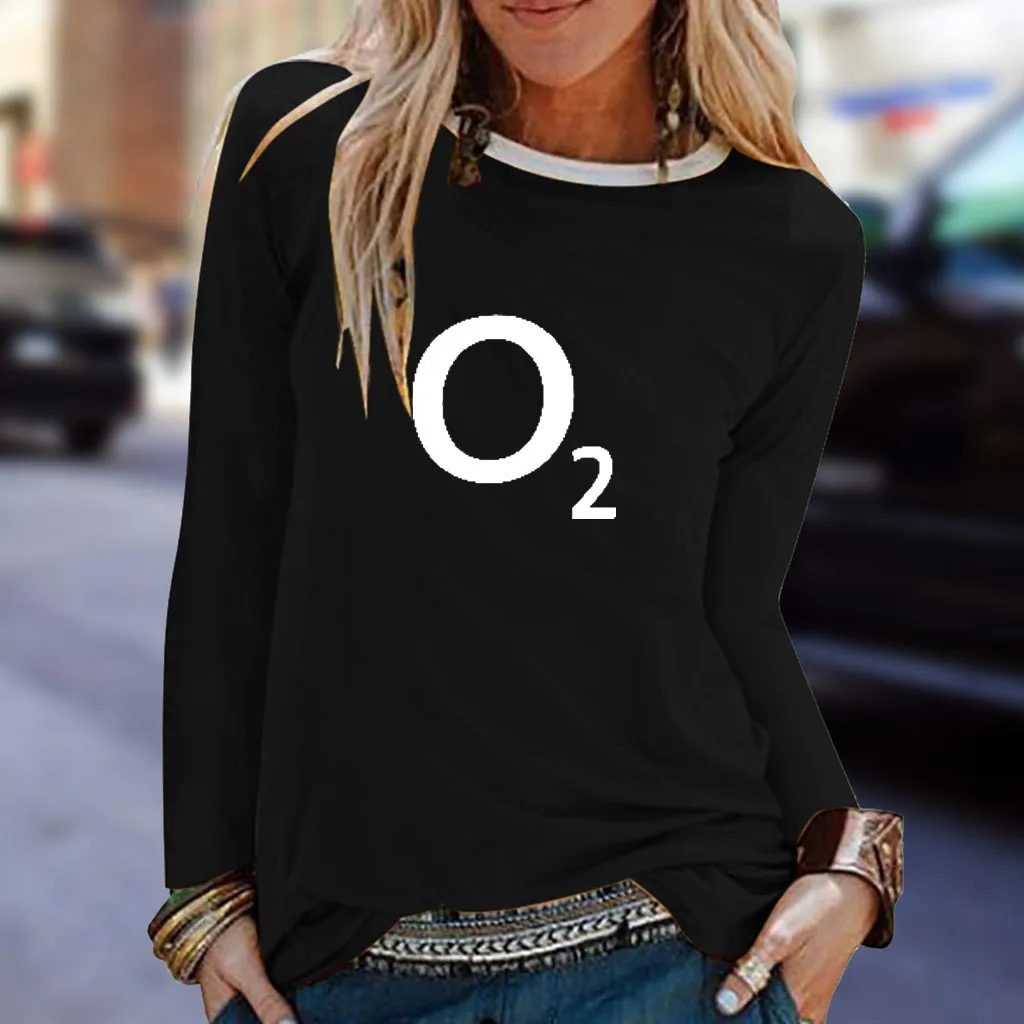 

O2 Letter Tshirt Women Plus Size Printing Tee Shirt Femme Ladies Long Sleeve O Neck Basic Shirts koszula damska Women T-shirt