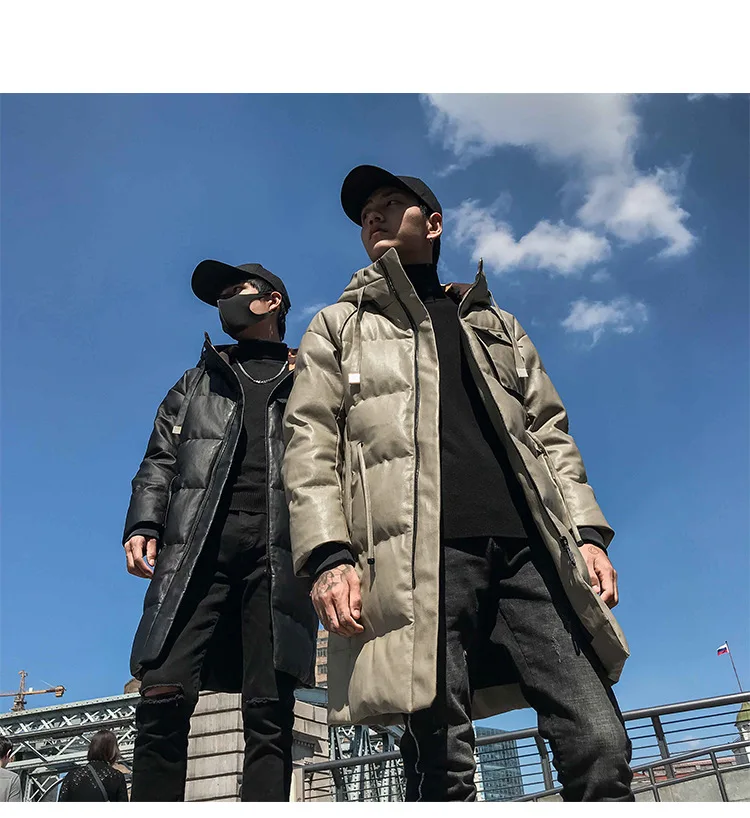 Cotton Coat Leather Coat Men's Mid-length Winter New Style Korean-style Trend Cotton-padded Clothes Fashion Slim Fit Hat PU