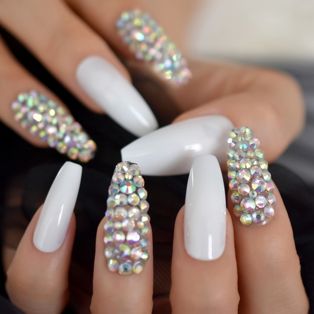 Luxury Strass Fake Nails AB Rhinestone Decorative Extra Long Ballerina White Full Cover Artificial Tips Natural 24