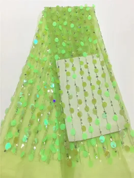 

Latest green African Embroidery Tulle Lace Fabric High Quality French Milk Silk Lace Fabric With Sequins 5 Yards FRF329