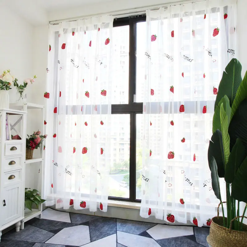 

Strawberry Embroidered Tulle Window Curtains for Living Room, White Sheer Curtain for Girl, Voile Curtain for Kid's Bedroom Door