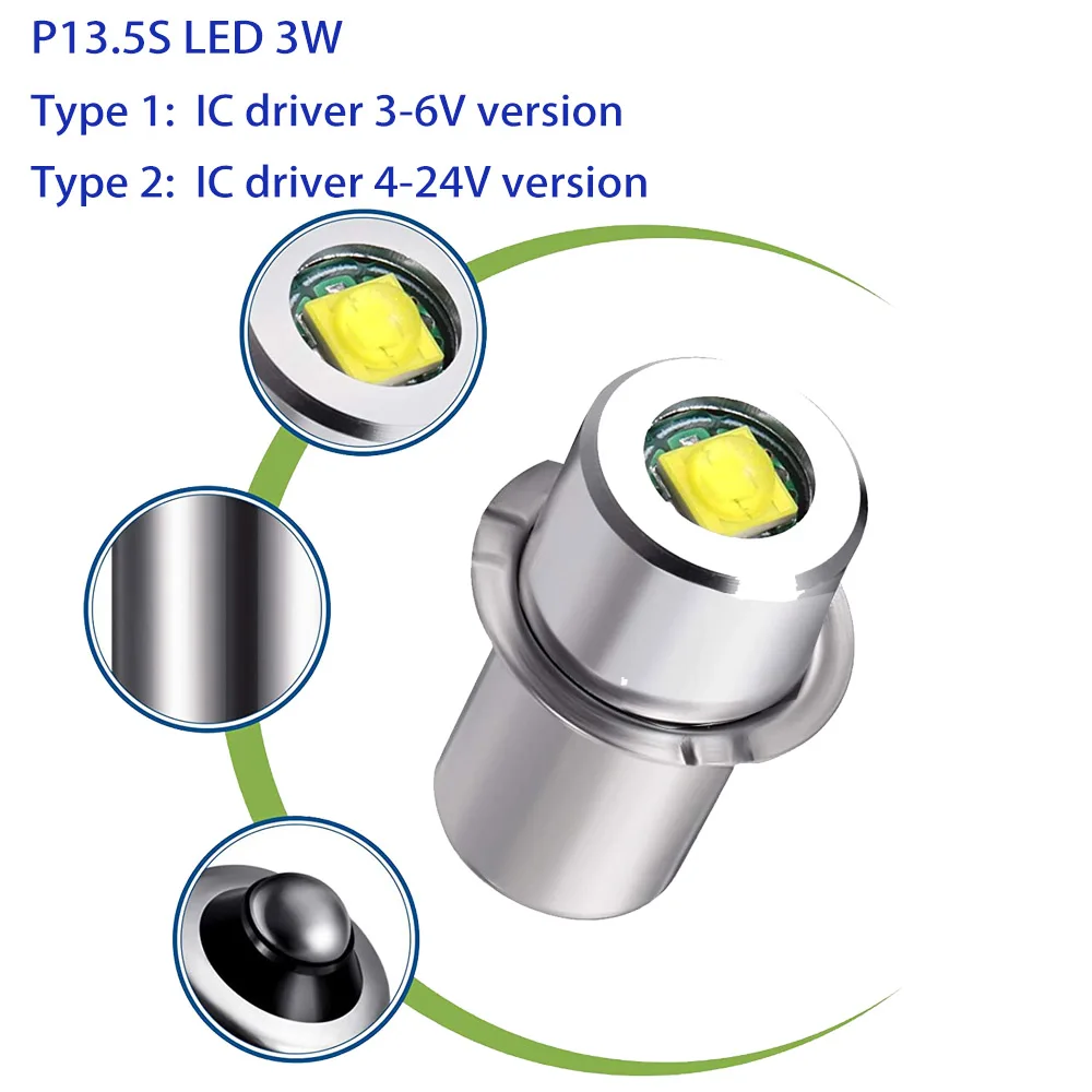 P13.5S Mag Light LED Bulb 3-16 C&D Cells Maglite Torch Flashlight LED Converter 3V 4.5V 6V 9V 12V 18V 24V White