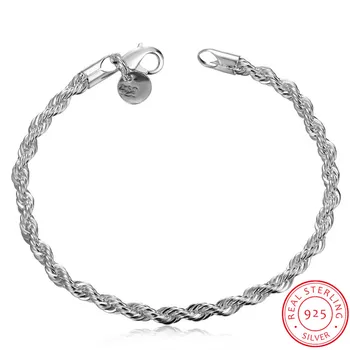 

Real Original 925 Silver Bracelets Simple 4mm twist Rope Chain Bracelets Bangle For Men Women Jewelry Gift Good Quality
