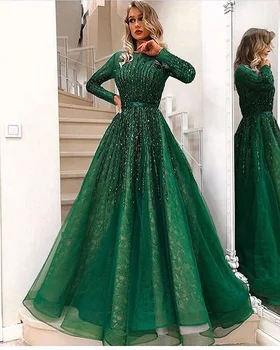 

Ladies Modest Long Sleeve Evening Gown Emerald Green Sparkling Sequin Beaded Prom Dress 2020 Formal Evening Dresses
