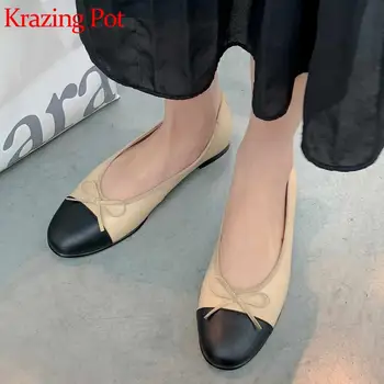 

Krazing pot large size full grain leather round toe low heels mixed color bowtie sweet Korean girls dating wear spring pumps L81