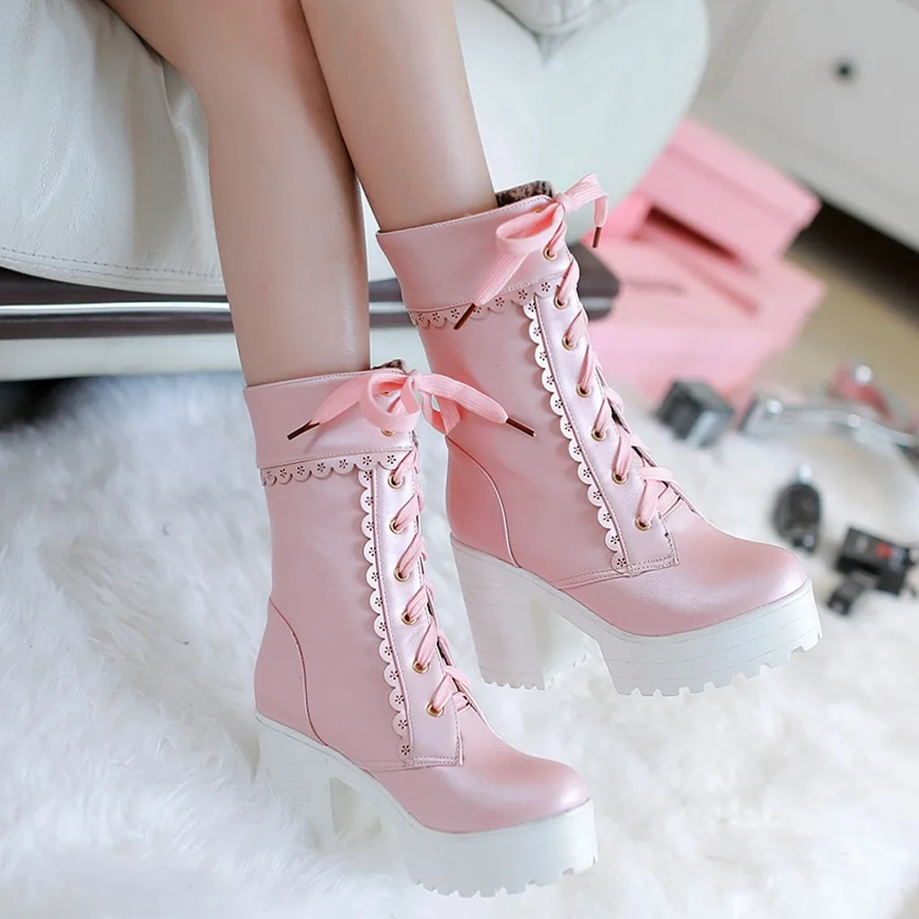 Women's Lace Tie High Heel Shoes Sweet Lady Platform High Heel Boots bottes femme#y3