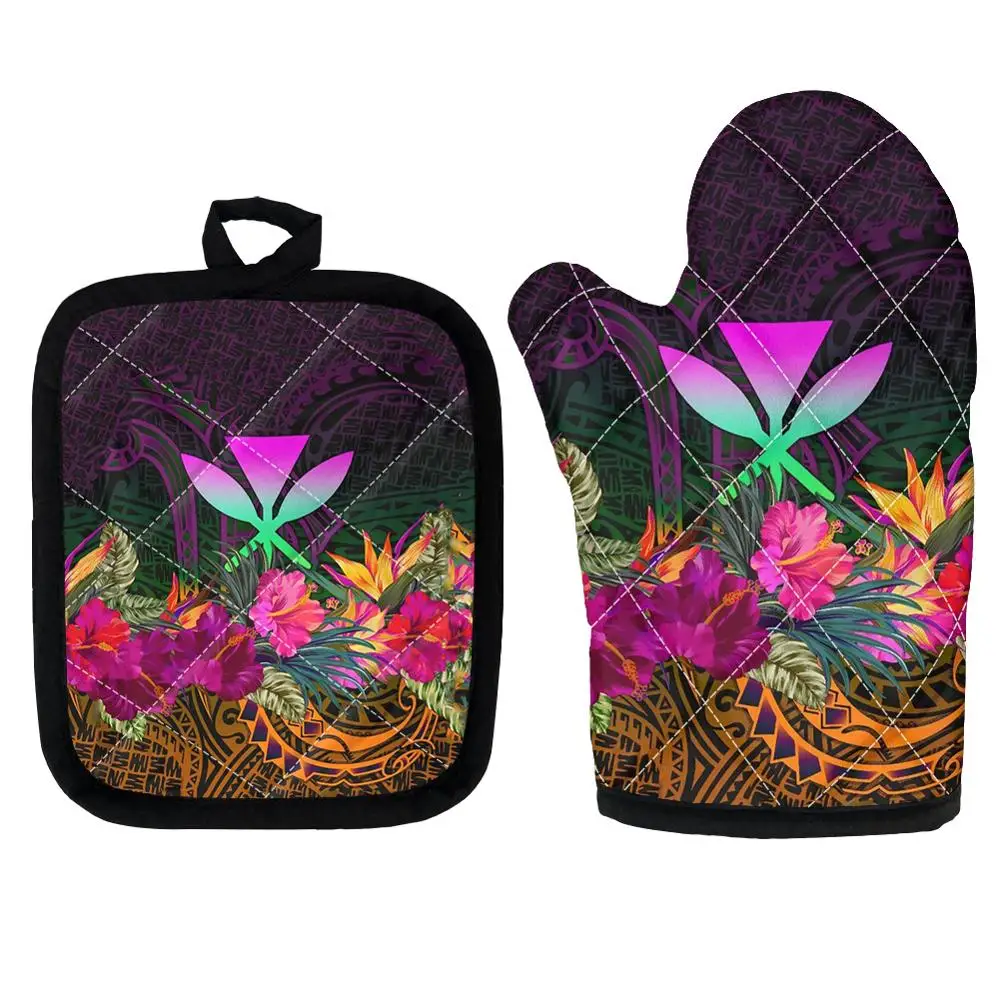 

Pad Oven Microwave Insulation Mat 3D Kanaka Maoli Hawaiian Hibiscus Printed Kitchen Microwave Gloves Potholders for Cooking BBQ