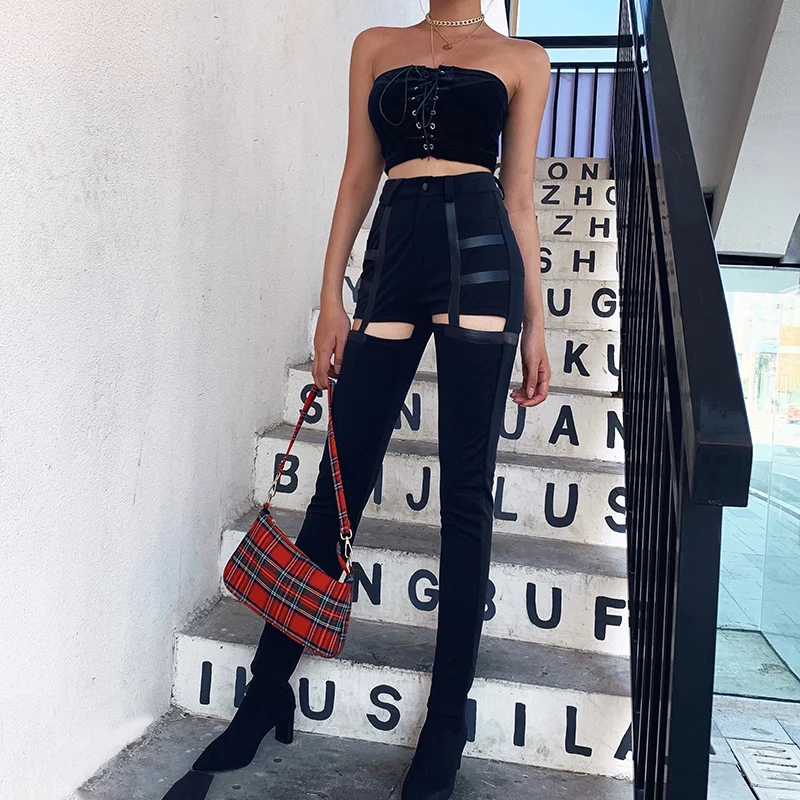 InstaHot, сексуальные, с вырезами по бокам, в полоску, черные, узкие брюки, для женщин, высокая талия, тонкие, обтягивающие, леггинсы, готический стиль, уличная одежда, брюки, повседневные