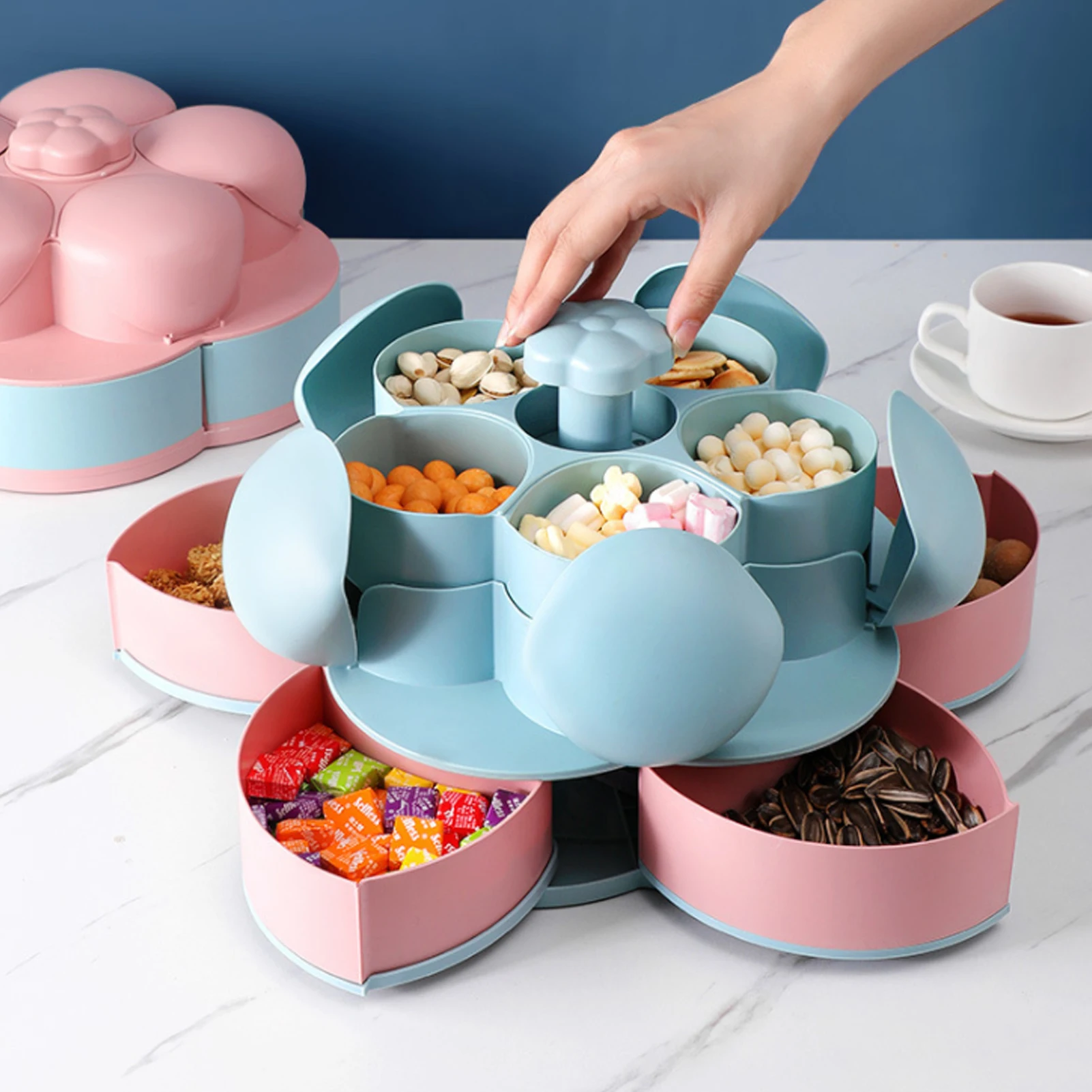 

Petal Shape Rotating Snack Box Candy Tray Food Storage Box Wedding Candy Plates Double Layer Nuts Dried Fruit Organizer Case