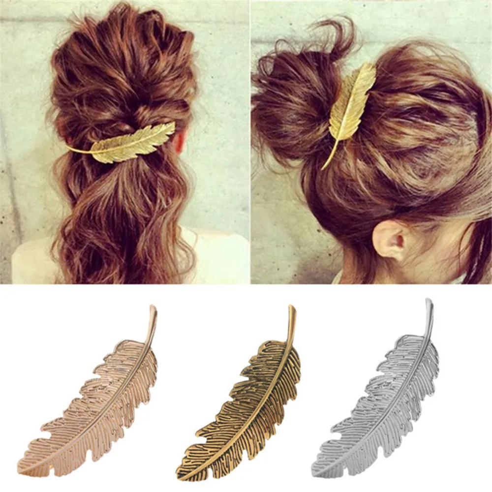 Forcine per capelli in metallo con molletta a forma di foglia di piuma Vintage in lega nuova per accessori per capelli da donna con copricapo da donna