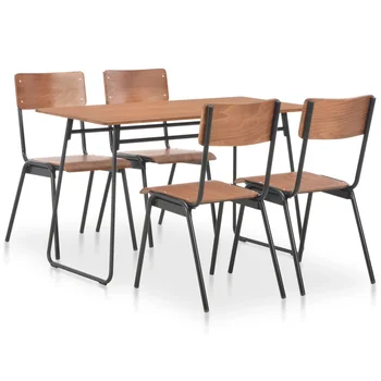 

5 Piece Dining Set Brown Solid Plywood Steel Elegant Style Dining Room or Kitchen 1 Table 4 Chairs Stackable Chairs For Dinner