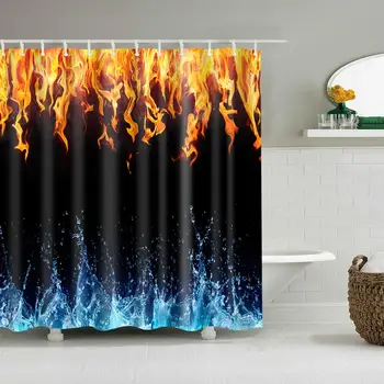 

Waterproof Thicken Polyester Shower Curtain Golden Fire Blue Ice Mildew Proof Bath Tub Curtain with 12 pcs Hooks