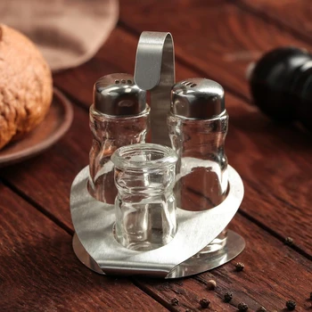 

Set for spices "Meo", 3 pcs: container for toothpicks 30 ml, salt and pepper shaker 50 ml, on a stand