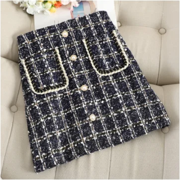 dark blue skirt Женская зимняя теплая короткая шерстяная юбка с высокой талией, с карманами, на пуговицах спереди, клетчатые юбки, высокая мода, saias faldas - Цвет: dark blue skirt