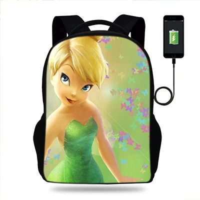 Мультфильм Питер Пэн Венди Tinkerbell печати рюкзак USB зарядные рюкзаки для девочек-подростков школьные сумки ноутбук повседневные Рюкзаки
