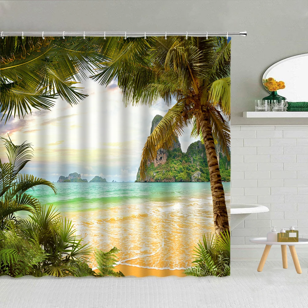 

Coastal Scenery Beach Shower Curtain Sea Animal Dolphins Fabric High Quality Bathroom Supplies With Hook Decor Cloth Curtains