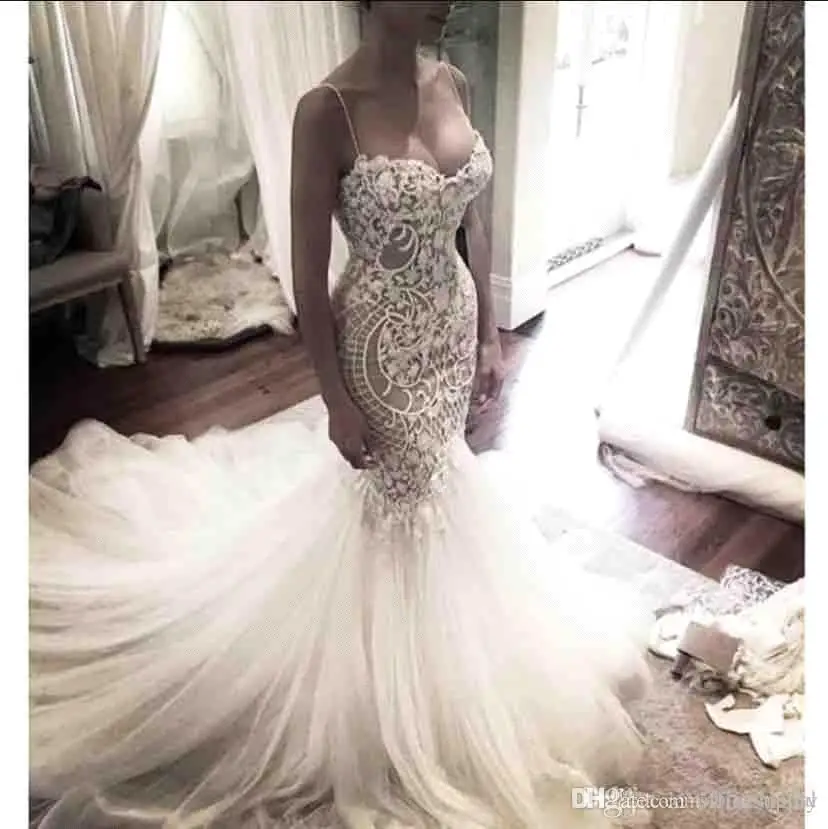 

Spaghetti Straps Lace Mermaid Beach Wedding Dresses Tulle Lace Applique Sweep Train Boho Wedding Bridal Gowns robes de mariée