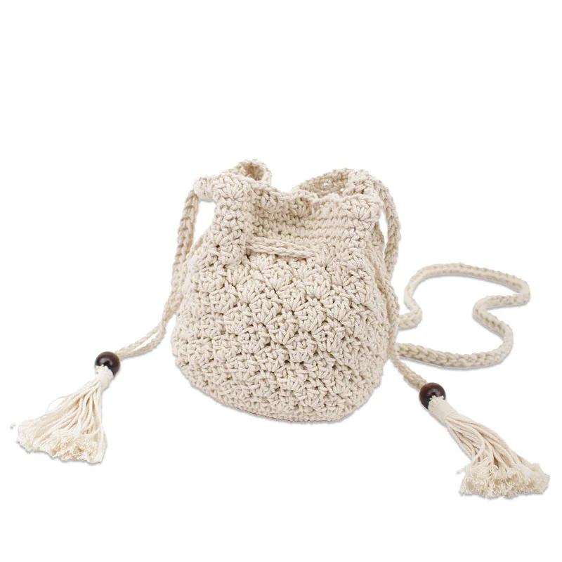 

Ougger Mini Women Crossbody Bag Shoulder Bags Summer Beige Cotton Thread Simple Casual Knitting Bucket Bag with String for Beach