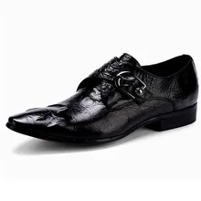 Fashion Mens Pointy Shoes Oxford Genuine Leather Shoe Formal High Quality Crocodile Pattern Monk Strap Dress Shoe
