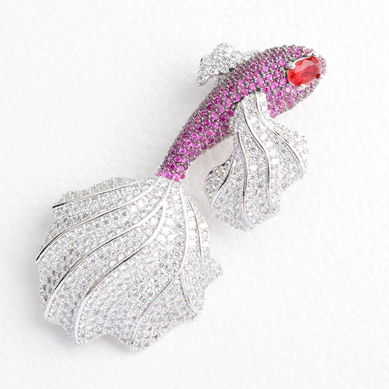 Clear and Fuchsia cz Goldfish Golden plated Paved CZ Brooches Necklace Pendant