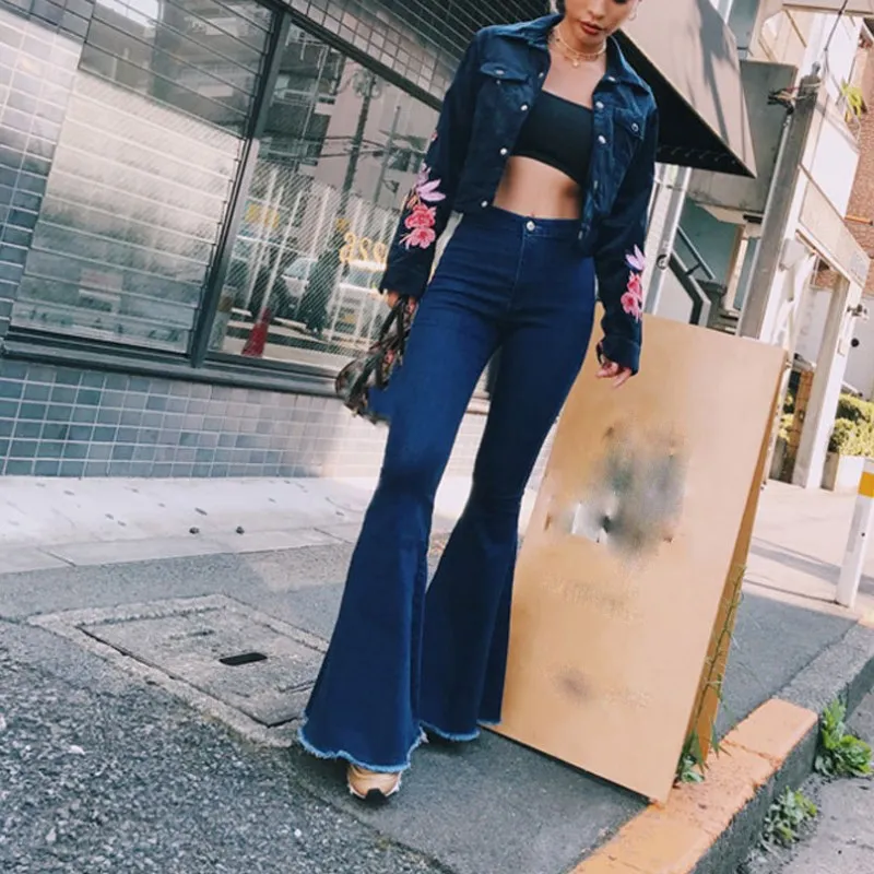 

Fashion Women Solid High Waisted Bell Bottom Jeans Vintage Tassel Shaping Stretch Wide Leg Jeans Zipper Plus Size Flare Jeans