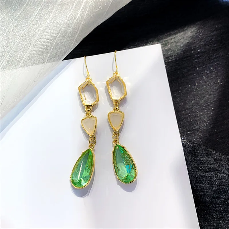 

FYUAN Korean Style Irregular Geometric Dangle Earrings Green Water Drop Crystal Earrings for Women Statement Jewelry Bijoux