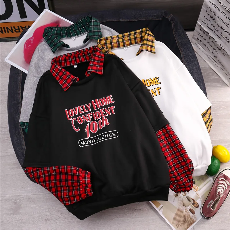 Fleece Sweatshirt Hoodies Pullover Plaid Womens Letter Patchwork Print Thicken Winter