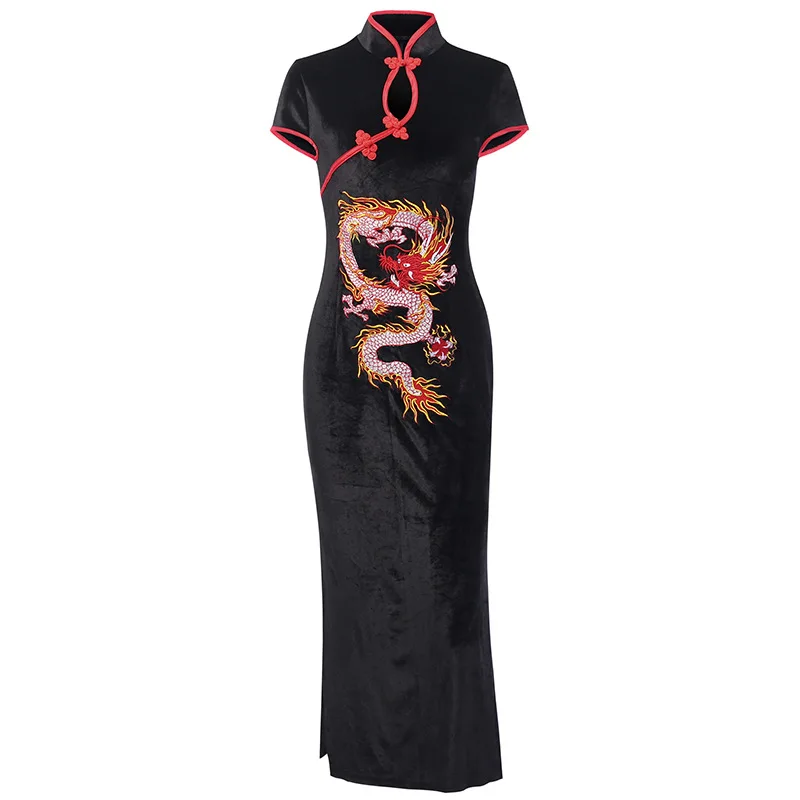 Black Китайское платье Emboridery Dragon женское платье Ципао с разрезом винтажное длинное платье Vestidos короткий рукав воротник тонкий традиционная одежда Вечерние - Цвет: Black