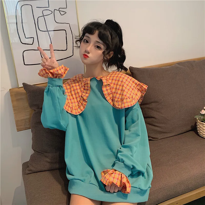 Женская Толстовка Harajuku с мультяшным принтом каваи, милые клетчатые толстовки для девочек, свободные осенние толстовки с кукольным воротником, имитация двух частей, джемпер в Корейском стиле