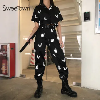 

Sweetown Reflective Butterfly Pattern Women Two Pieces Set Street Style Jackets Tracksuit Female Streetwear Cargo Pants Suits
