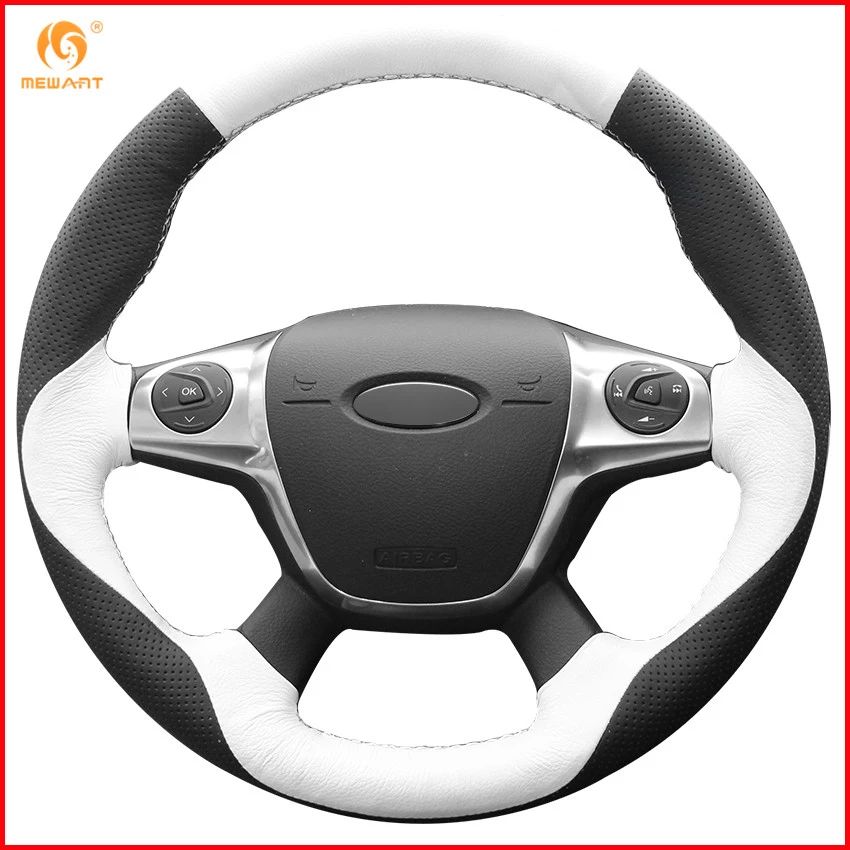 Mewant White Black Genuine Leather Car Steering Wheel Cover For Ford