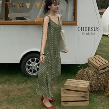 

Dress Women Sleeveless Dot V-Neck Spaghetti Strap Mid-calf Casual Korean Style Trendy Fashion Summer Daily Womens Streetwear New
