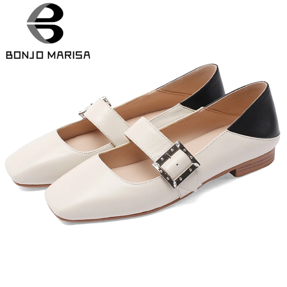 

BONJOMARISA Brand Fashion Lady Pumps Low Heel Buckle Belt Square Toe Mixed Color Genuine Leather Pumps Women Retro Shoes Woman