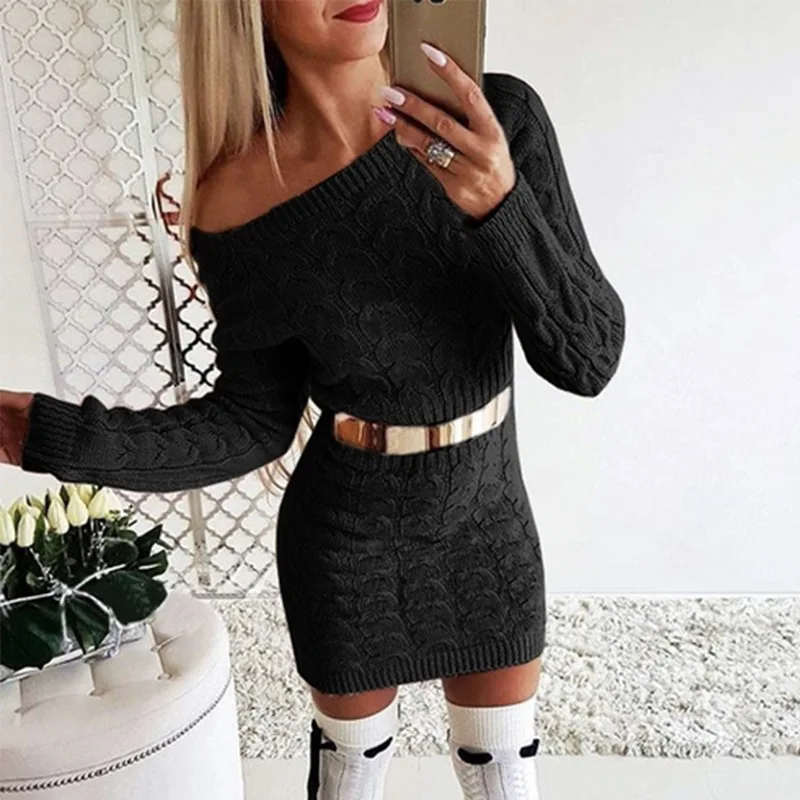 

2019 sweater women's dress new spring and autumn long fluorescent color twist waist off shoulder sweater dress female