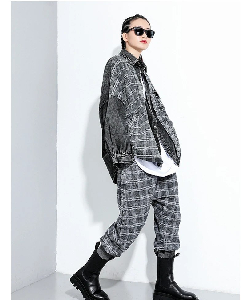 [EAM] High Elastic Waist Black Denim Plaid Harem Trousers New Loose Fit Pants Women Fashion Tide Spring Autumn 2020 1DA090