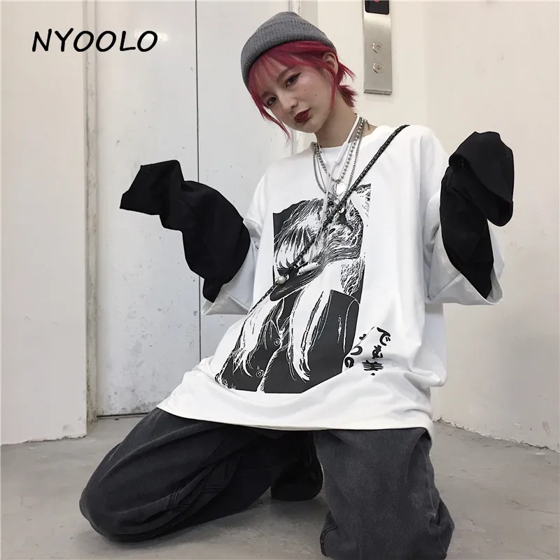 NYOOLO Harajuku Comic Horror Fujiang Tomie Печать Поддельные 2 шт. Лоскутная футболка Осенняя уличная футболка с длинными рукавами для женщин и мужчин