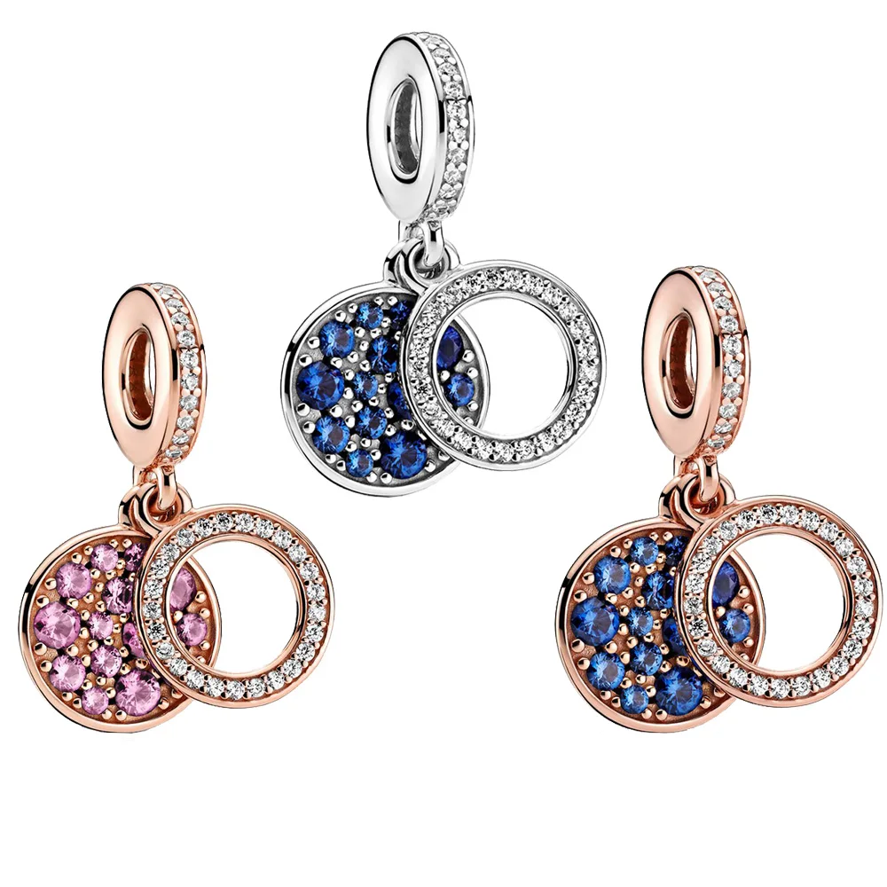 

2020 Winter New 925 Sterling Silver Beads Sparkling Pink Disc Double Dangle Charm fit Original Pan Bracelet Christmas Jewelry