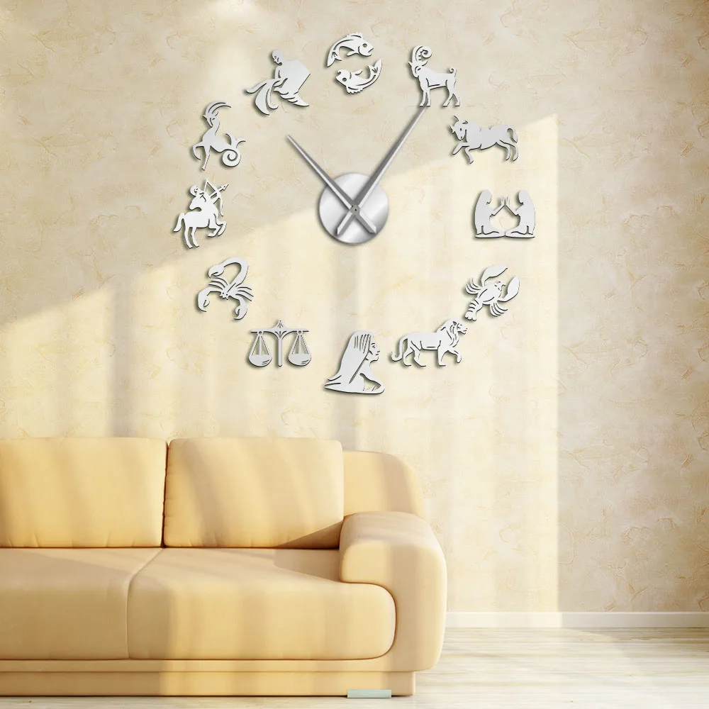 12 Zodiac Signs 3D Acrylic DIY Wall Clock Modern Astrology Wall Art Decor Quiet Sweep Clock Watch Creative Show Mirror Effect
