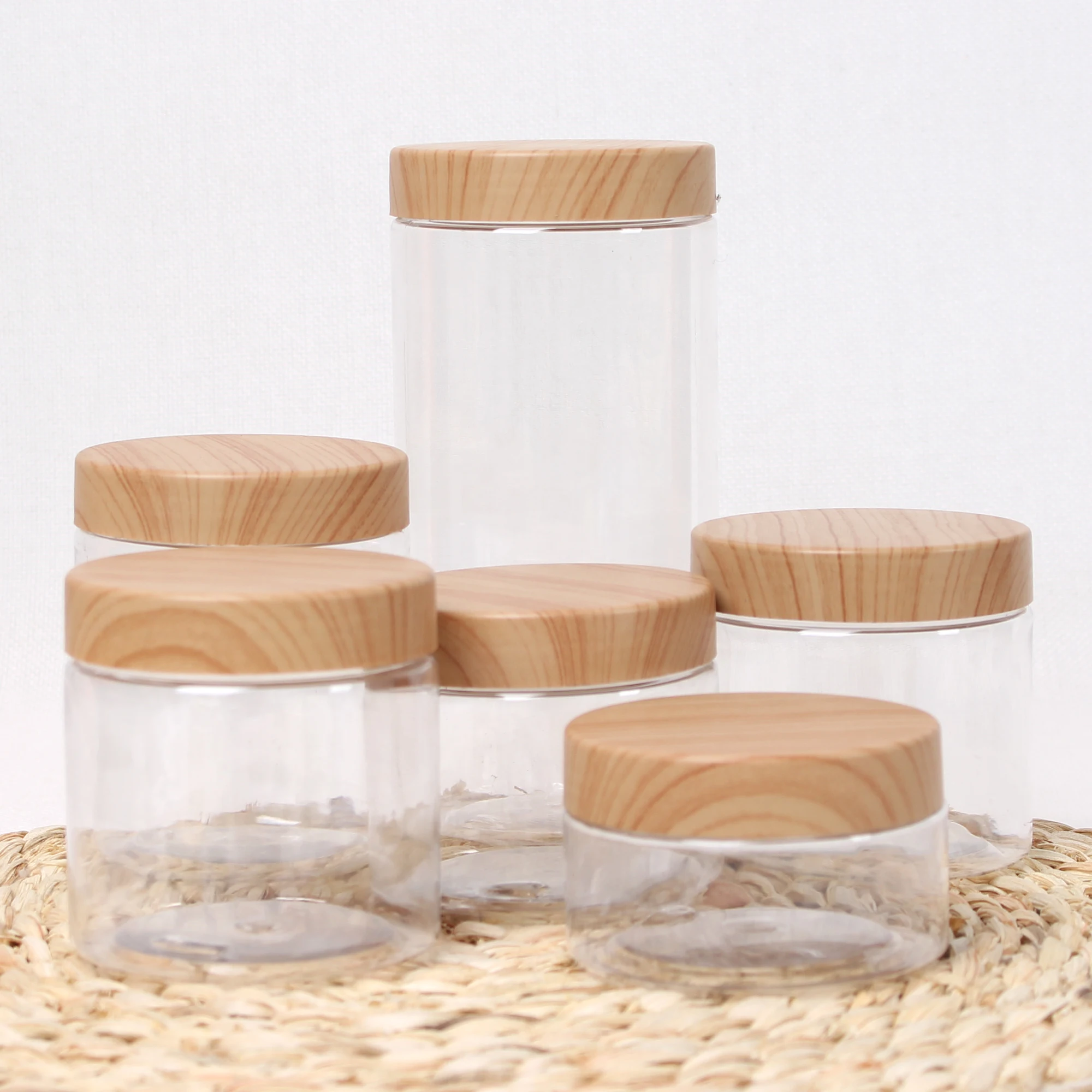 

1PCs 100ML/200ML/300ML/500ML Empty Clear PET Jars Containers With Plastic Imitation Wood Lids Storage Bottle Big Capacity New