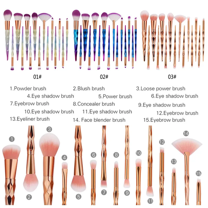 Набор алмазных кистей для макияжа, 15 шт., тени для век, бровей, растушевка, пудра, консилер для губ, веер, косметическая кисть, набор инструментов#281924