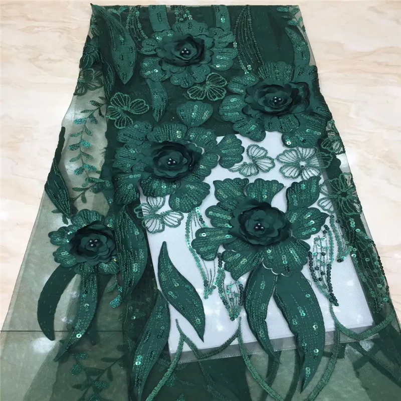 

2019 Green Luxury Fabric High Quality African Lace Fabric Hand mace Beads 3d Lace Fabric Nigerian Bridal Wedding Lace Fabric