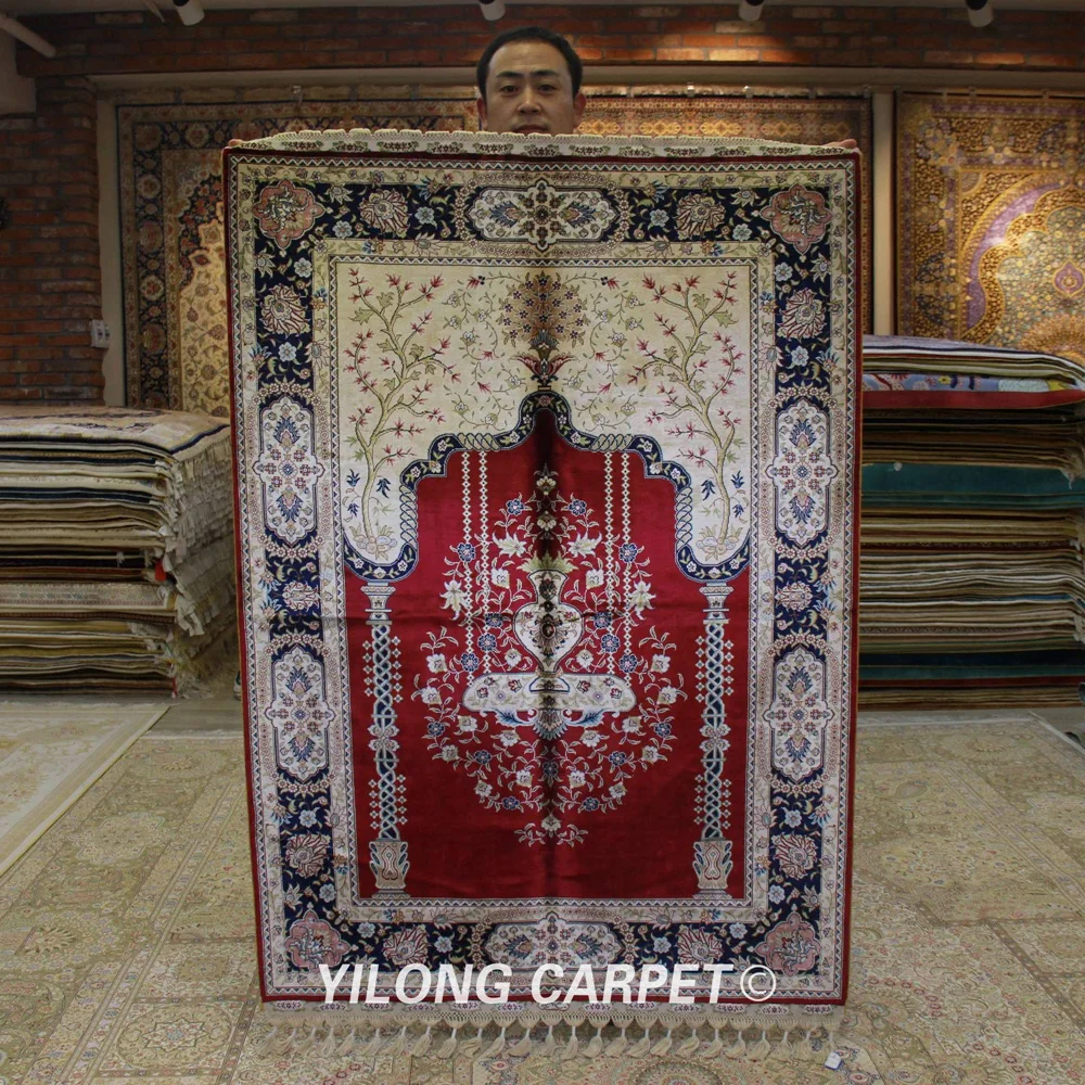 Yilong 3,5 'x5' персидкий Шелковый Молитвенный Ковер фиолетовый ручной работы изысканный молельный коврик ручной работы (TJ106A)