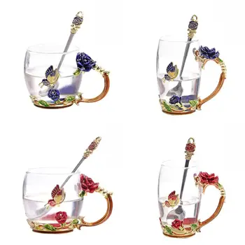 

Fashion Glass Coffee Mug Tea Cup and Spoon For Women Butterfly Rose With gifts Box