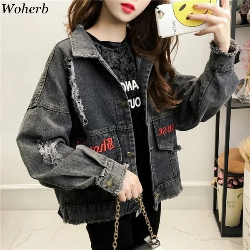 price reduction  Woherb Harajuku Womens Denim Jackets and Coats 2020 Vintage Ripped Frayed Black Jeans Jacket Letter