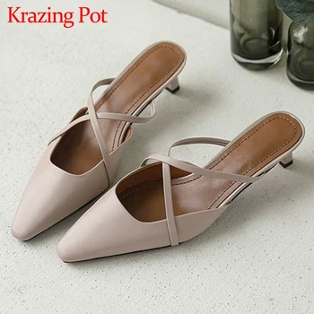 

Krazing Pot large size full grain leather small square toe high heels slip on mules young lady daily wear mature women pumps L20